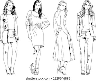 vector drawings on the theme of beautiful slim sporty girl in casual clothes in various poses painted ink hand sketch with no background