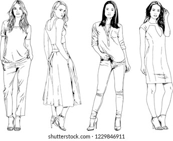 vector drawings on the theme of beautiful slim sporty girl in casual clothes in various poses painted ink hand sketch with no background
