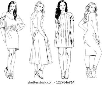 vector drawings on the theme of beautiful slim sporty girl in casual clothes in various poses painted ink hand sketch with no background