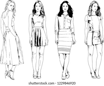 vector drawings on the theme of beautiful slim sporty girl in casual clothes in various poses painted ink hand sketch with no background