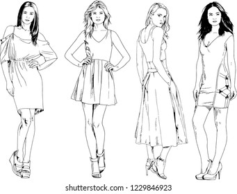 vector drawings on the theme of beautiful slim sporty girl in casual clothes in various poses painted ink hand sketch with no background