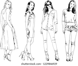vector drawings on the theme of beautiful slim sporty girl in casual clothes in various poses painted ink hand sketch with no background