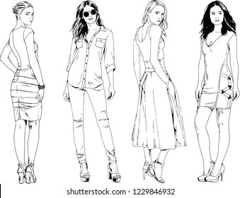 vector drawings on the theme of beautiful slim sporty girl in casual clothes in various poses painted ink hand sketch with no background