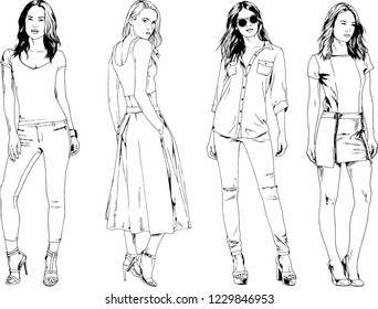 vector drawings on the theme of beautiful slim sporty girl in casual clothes in various poses painted ink hand sketch with no background