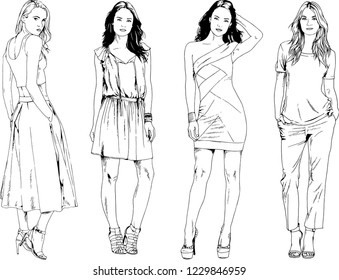 vector drawings on the theme of beautiful slim sporty girl in casual clothes in various poses painted ink hand sketch with no background