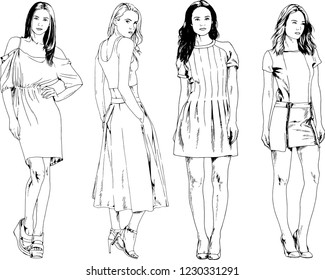 vector drawings on the theme of beautiful slim sporty girl in casual clothes in various poses painted ink hand sketch with no background