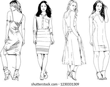 vector drawings on the theme of beautiful slim sporty girl in casual clothes in various poses painted ink hand sketch with no background