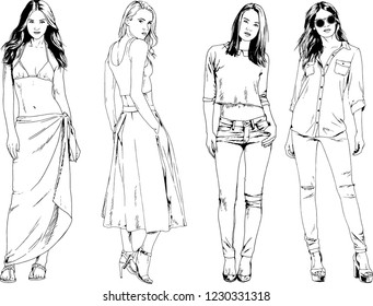 vector drawings on the theme of beautiful slim sporty girl in casual clothes in various poses painted ink hand sketch with no background