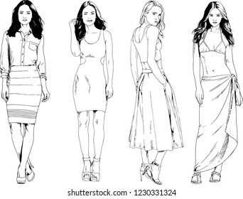vector drawings on the theme of beautiful slim sporty girl in casual clothes in various poses painted ink hand sketch with no background