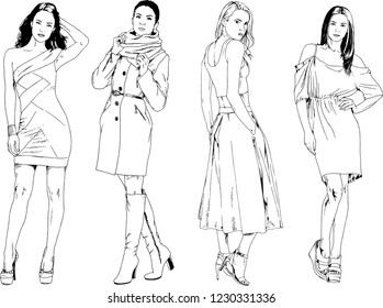 vector drawings on the theme of beautiful slim sporty girl in casual clothes in various poses painted ink hand sketch with no background
