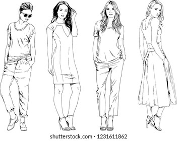 dibujos vectoriales sobre el tema de una bella deportista delgada con ropa casual en varias poses boceto pintado con tinta de mano sin fondo