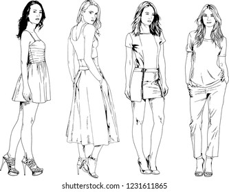 vector drawings on the theme of beautiful slim sporty girl in casual clothes in various poses painted ink hand sketch with no background