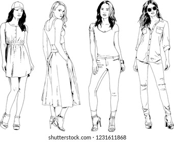 vector drawings on the theme of beautiful slim sporty girl in casual clothes in various poses painted ink hand sketch with no background