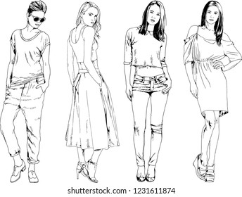 vector drawings on the theme of beautiful slim sporty girl in casual clothes in various poses painted ink hand sketch with no background