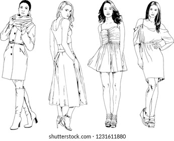 vector drawings on the theme of beautiful slim sporty girl in casual clothes in various poses painted ink hand sketch with no background