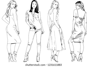 vector drawings on the theme of beautiful slim sporty girl in casual clothes in various poses painted ink hand sketch with no background