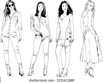 vector drawings on the theme of beautiful slim sporty girl in casual clothes in various poses painted ink hand sketch with no background