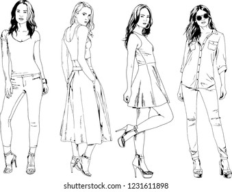 vector drawings on the theme of beautiful slim sporty girl in casual clothes in various poses painted ink hand sketch with no background