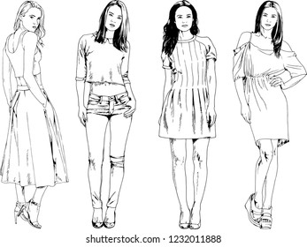 vector drawings on the theme of beautiful slim sporty girl in casual clothes in various poses painted ink hand sketch with no background