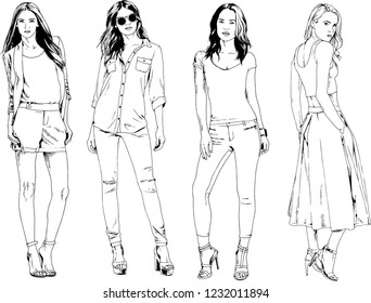 vector drawings on the theme of beautiful slim sporty girl in casual clothes in various poses painted ink hand sketch with no background