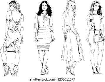 vector drawings on the theme of beautiful slim sporty girl in casual clothes in various poses painted ink hand sketch with no background