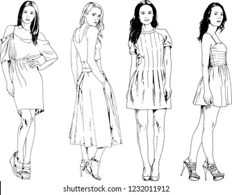 vector drawings on the theme of beautiful slim sporty girl in casual clothes in various poses painted ink hand sketch with no background
