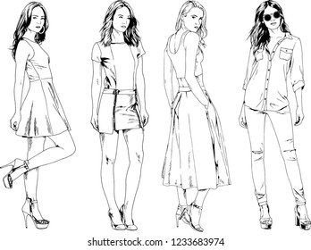 vector drawings on the theme of beautiful slim sporty girl in casual clothes in various poses painted ink hand sketch with no background