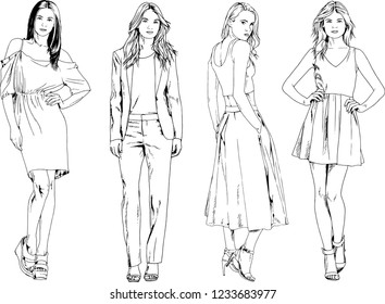 vector drawings on the theme of beautiful slim sporty girl in casual clothes in various poses painted ink hand sketch with no background
