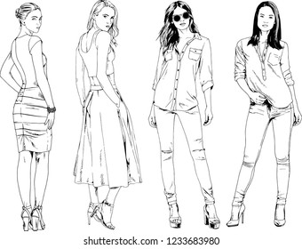 vector drawings on the theme of beautiful slim sporty girl in casual clothes in various poses painted ink hand sketch with no background