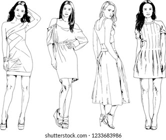 vector drawings on the theme of beautiful slim sporty girl in casual clothes in various poses painted ink hand sketch with no background