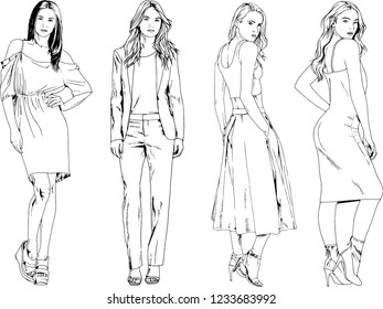 vector drawings on the theme of beautiful slim sporty girl in casual clothes in various poses painted ink hand sketch with no background