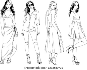 vector drawings on the theme of beautiful slim sporty girl in casual clothes in various poses painted ink hand sketch with no background
