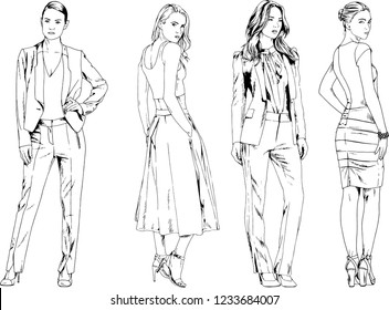 vector drawings on the theme of beautiful slim sporty girl in casual clothes in various poses painted ink hand sketch with no background