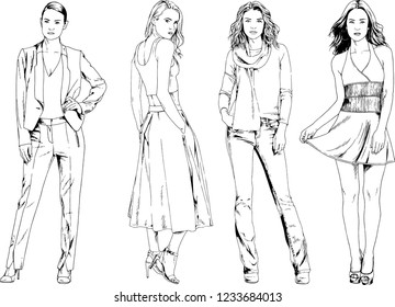 vector drawings on the theme of beautiful slim sporty girl in casual clothes in various poses painted ink hand sketch with no background
