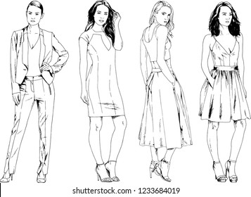 vector drawings on the theme of beautiful slim sporty girl in casual clothes in various poses painted ink hand sketch with no background