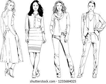 vector drawings on the theme of beautiful slim sporty girl in casual clothes in various poses painted ink hand sketch with no background