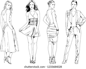 vector drawings on the theme of beautiful slim sporty girl in casual clothes in various poses painted ink hand sketch with no background