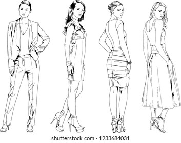 vector drawings on the theme of beautiful slim sporty girl in casual clothes in various poses painted ink hand sketch with no background