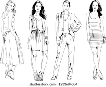 vector drawings on the theme of beautiful slim sporty girl in casual clothes in various poses painted ink hand sketch with no background