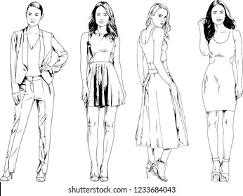 vector drawings on the theme of beautiful slim sporty girl in casual clothes in various poses painted ink hand sketch with no background