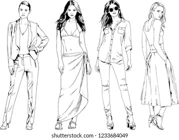 vector drawings on the theme of beautiful slim sporty girl in casual clothes in various poses painted ink hand sketch with no background