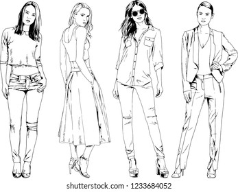 vector drawings on the theme of beautiful slim sporty girl in casual clothes in various poses painted ink hand sketch with no background