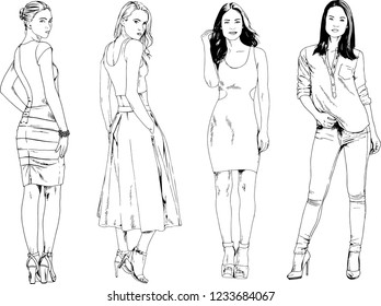 vector drawings on the theme of beautiful slim sporty girl in casual clothes in various poses painted ink hand sketch with no background