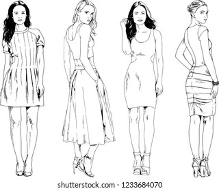 vector drawings on the theme of beautiful slim sporty girl in casual clothes in various poses painted ink hand sketch with no background