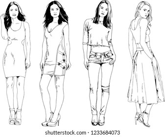 vector drawings on the theme of beautiful slim sporty girl in casual clothes in various poses painted ink hand sketch with no background