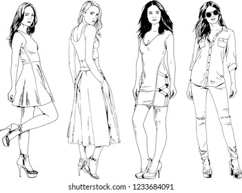 vector drawings on the theme of beautiful slim sporty girl in casual clothes in various poses painted ink hand sketch with no background
