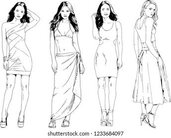 vector drawings on the theme of beautiful slim sporty girl in casual clothes in various poses painted ink hand sketch with no background