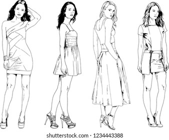 vector drawings on the theme of beautiful slim sporty girl in casual clothes in various poses painted ink hand sketch with no background