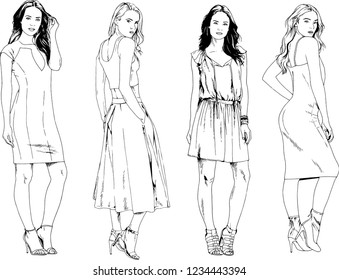 vector drawings on the theme of beautiful slim sporty girl in casual clothes in various poses painted ink hand sketch with no background
