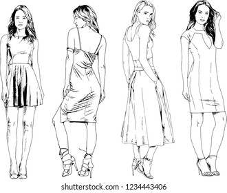 vector drawings on the theme of beautiful slim sporty girl in casual clothes in various poses painted ink hand sketch with no background